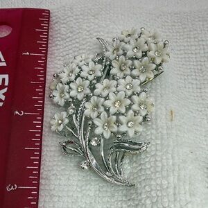 Silver-Tone Linder White Enamel Floral Cluster Brooch with Crystal Accents